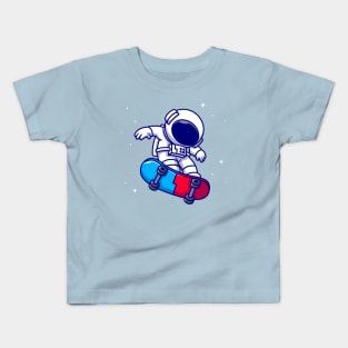 Astronaut Playing Skateboard In Space Cartoon Kids T-Shirt